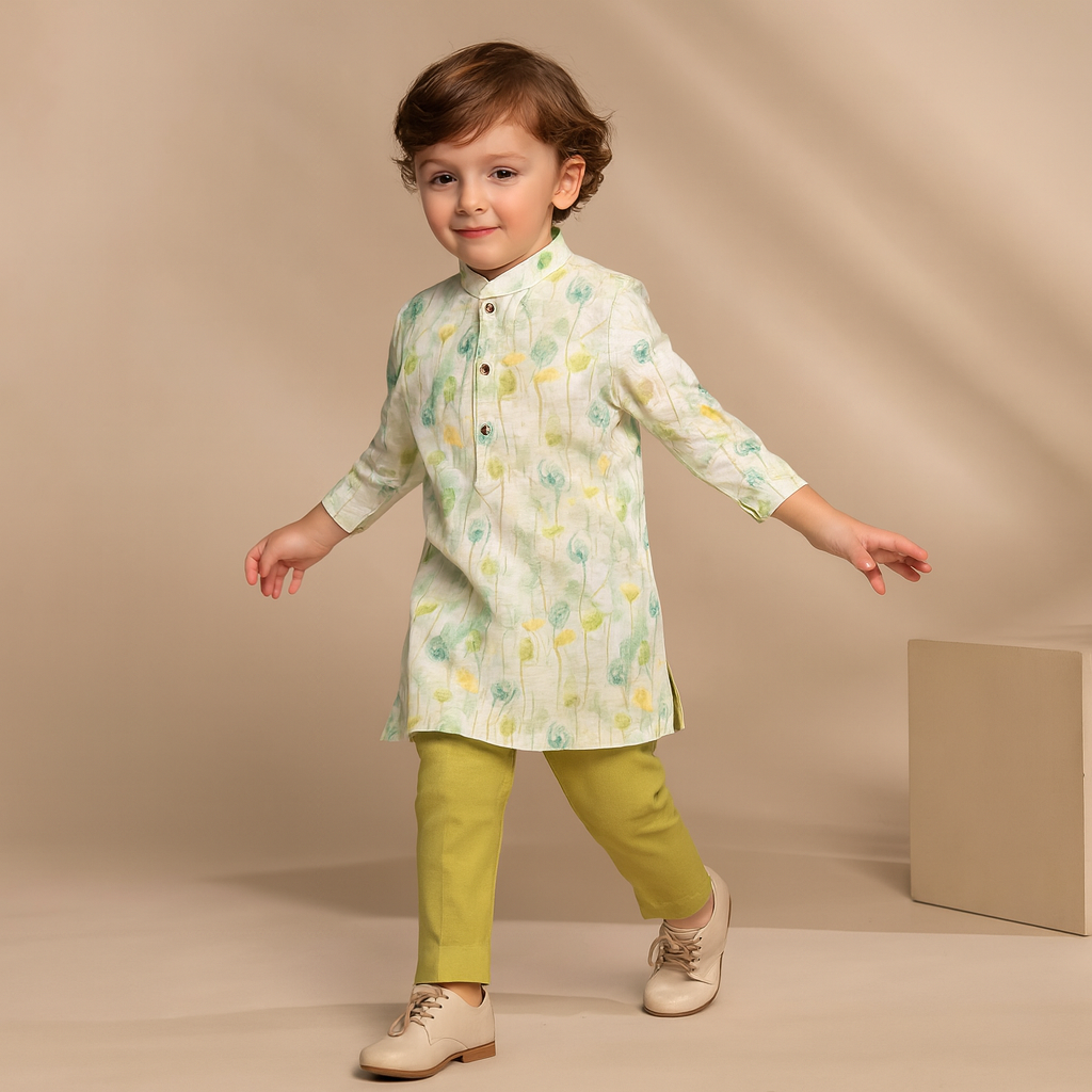 Pre Order: Printed Kurta And Green Pant