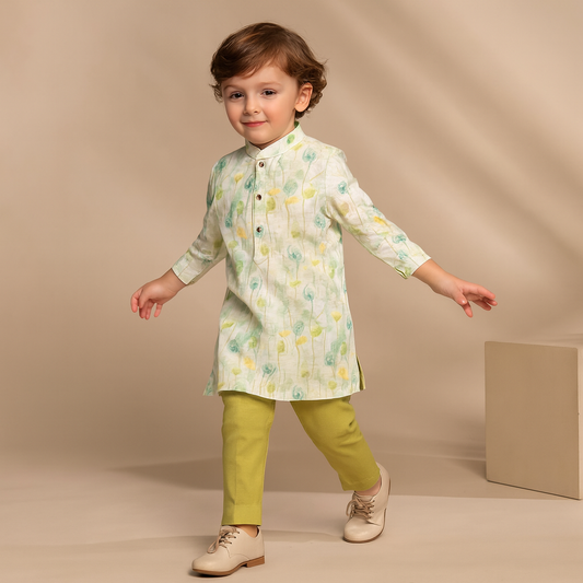 Pre Order: Printed Kurta And Green Pant
