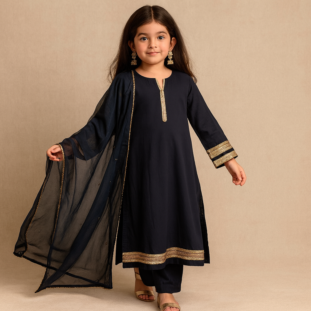 Pre Order: Black Kurta Gota Detailing Suit Set