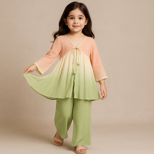 Pre Order: Peach And Green Kurti With palazzo