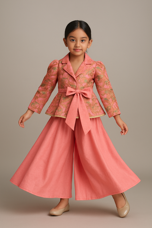 Pre Order: Pink Printed Jacket Style Peplum Top And Flared Palazzo