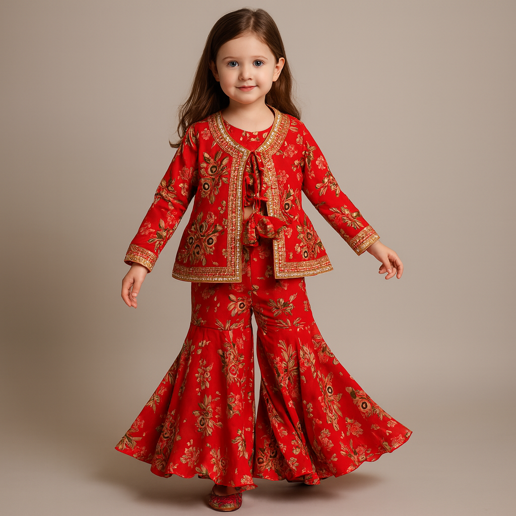 Pre Order: Beautiful Red Floral Printed Top With Tie-Up Jacket And Sharara