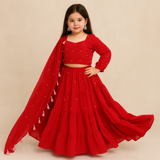 Pre Order:Red Tassels Details Georgette Lehenga Set