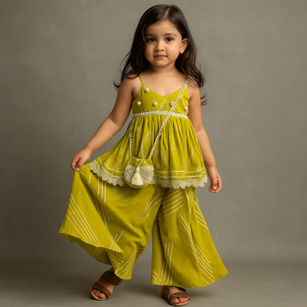 Pre Order: Bandhani Printed Strappy Peplum Kurti With Palazzo