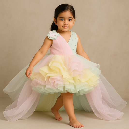 Pre Order: Rainbow Shaded Stone Embellished Dress With Detachable Trail