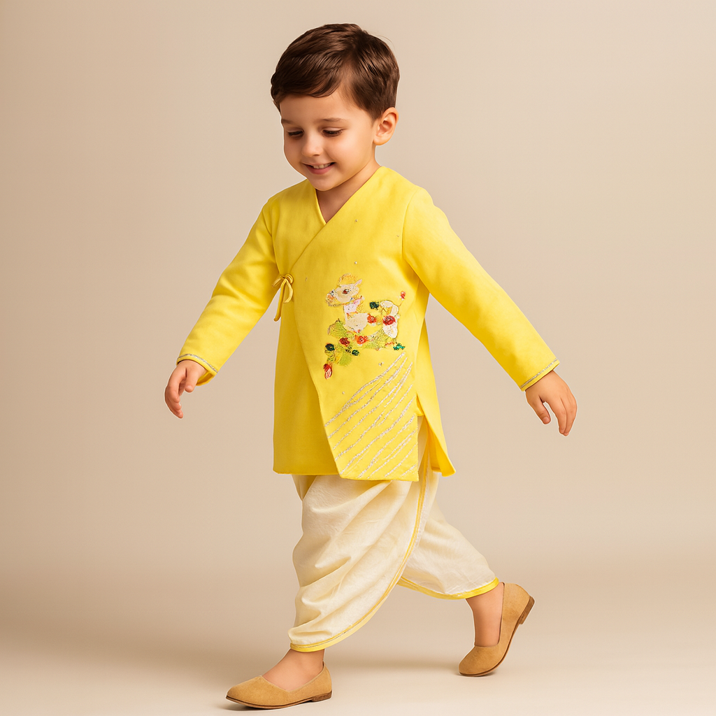 Pre Order: Animal Embroidered Angarkha Style Yellow Kurta With Lace Work Dhoti