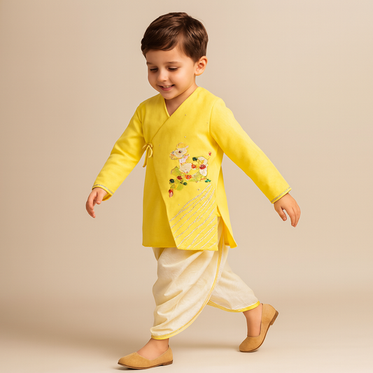 Pre Order: Animal Embroidered Angarkha Style Yellow Kurta With Lace Work Dhoti