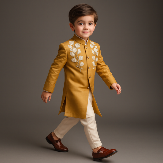 Pre Order: Mustard Embroidered Sherwani And Pant