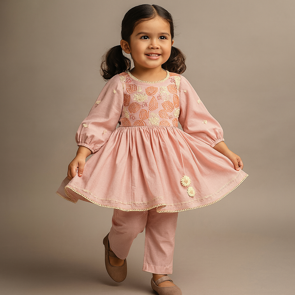 Pre Order: Thread Embroidered Pink Silk Kurti And Pant