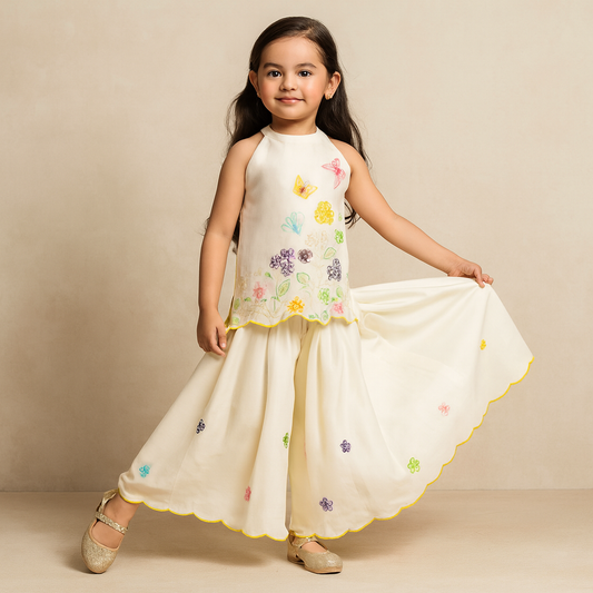 Pre Order: Beautiful Garden Themed Embroidered Kurti With Palazzo