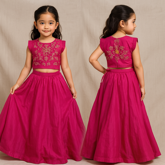 Pre Order: Charming Floral Cut Dana Embroidered Rani Pink Top And Multi Layered Ruffle Lehenga