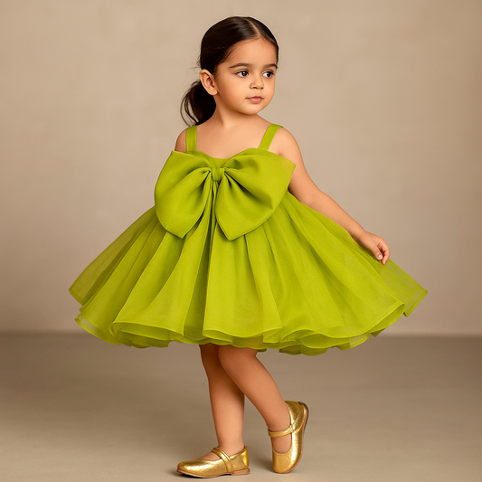 Pre Order: Oversized Bow Organza Green Strappy Dress
