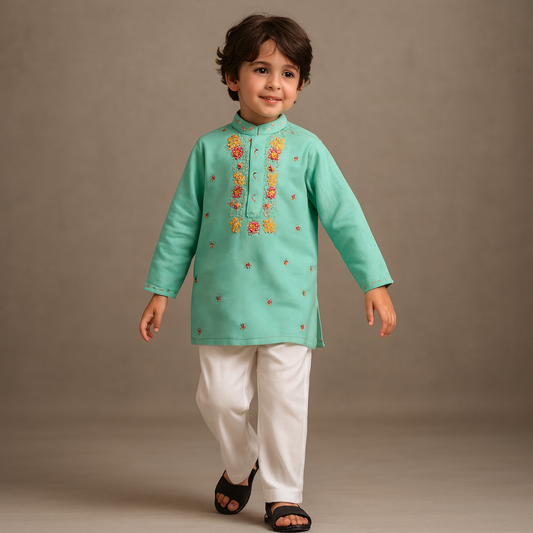 Pre Order: Floral Green Hand Embroidered Kurta With Pyjama
