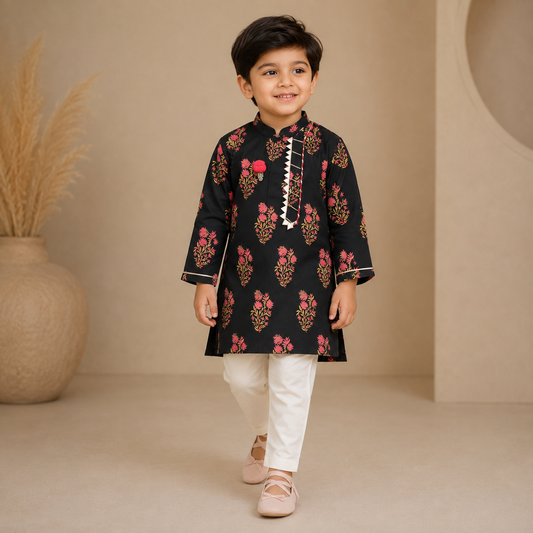 Pre Order: Leaf Adorned Black Floral Printed Kurta And Pyjama