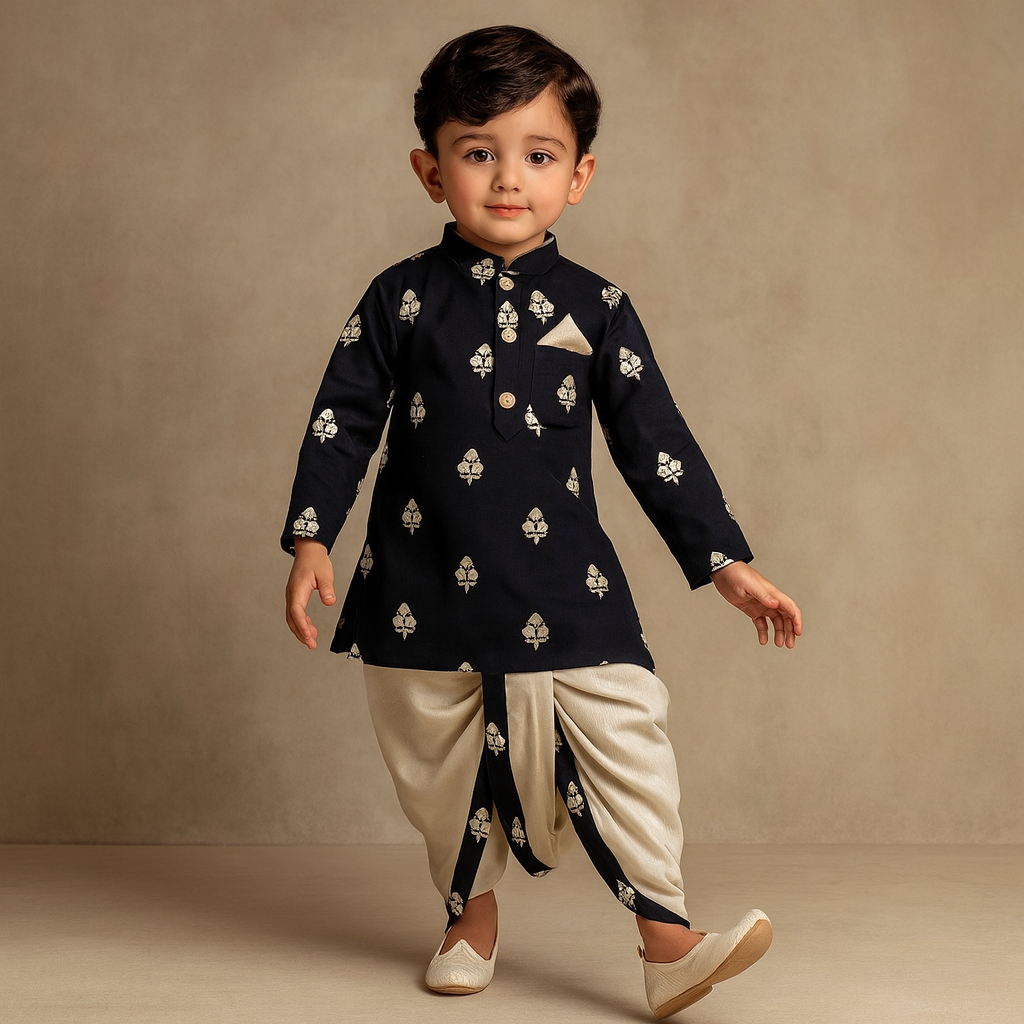 Pre Order: Embroidered Black Kurta And Beige Dhoti