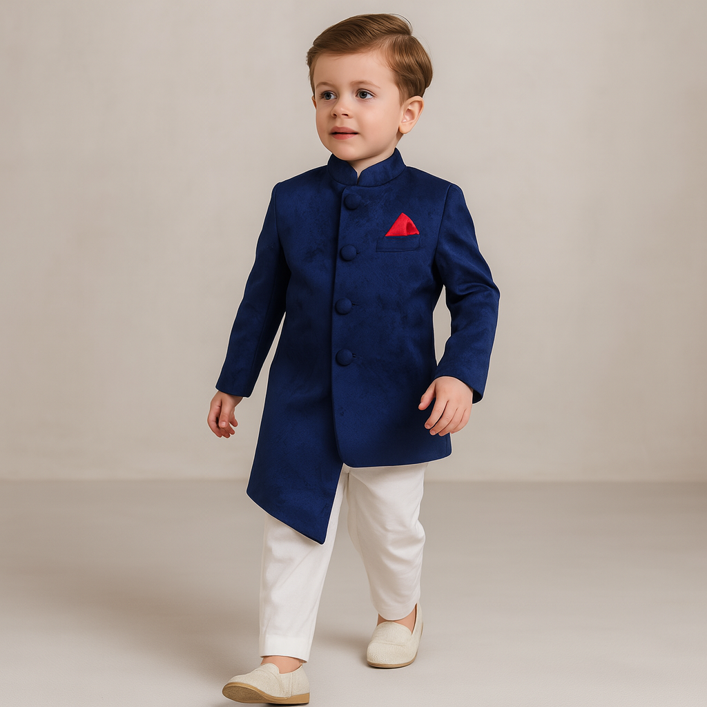Pre Order: Elegant Blue Front Open Asymmetric Sherwani And Pyjama