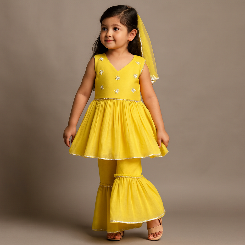 Pre Order: Floral Embroidered Kurti And Sharara With Net Dupatta