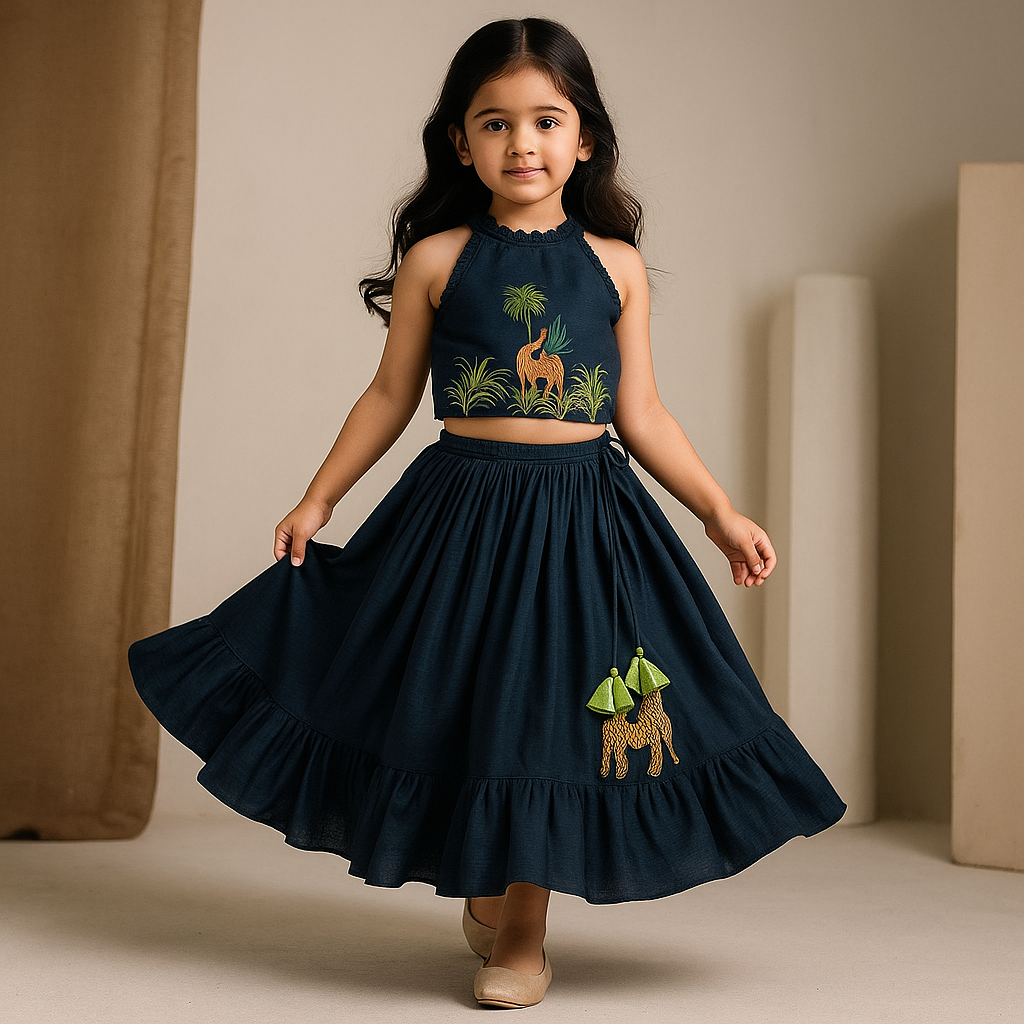 Pre Order: Jungle Theme Embroidered Top And Flared Lehenga