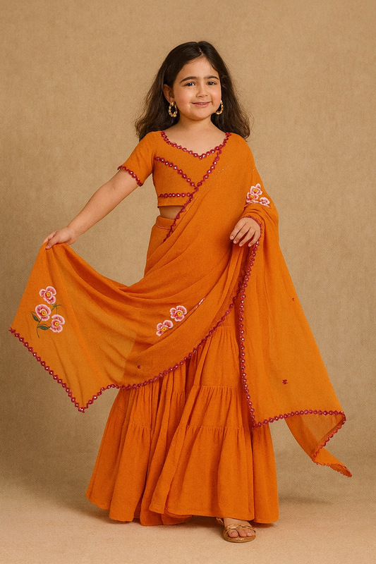 Pre Order: Orange Flared Lehenga Set