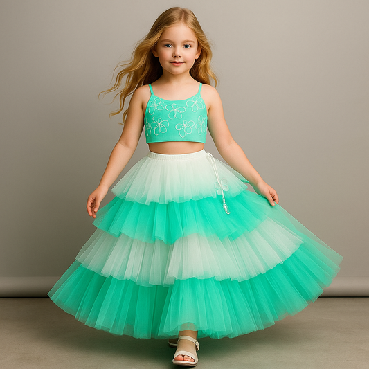 Pre Order: Butterfly Embroidered Strappy Top And Multi-Layered Net Lehenga