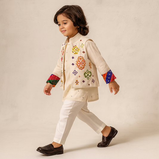 Pre Order: Mirror Embroidered Bandhej Detailed Kurta With Front Open Mirror Work Jacket And Pyjama