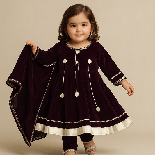 Pre Order: Wine Velvet Anarkali Embellished Suit Set