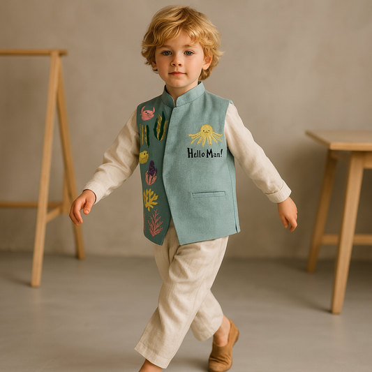 Pre Order: Little Sailor Embroidered Sherwani And Pant