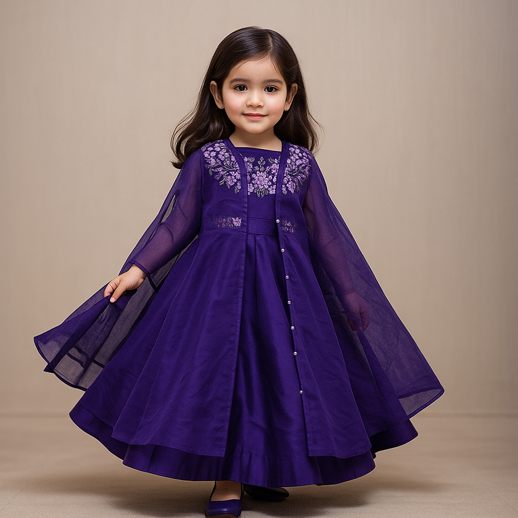 Pre Order: Purple Embroidered Top And Lehenga With Long Embellished Cape