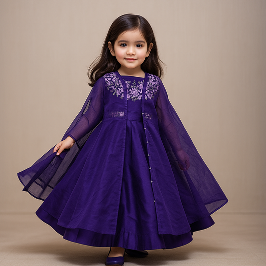 Pre Order: Purple Embroidered Top And Lehenga With Long Embellished Cape