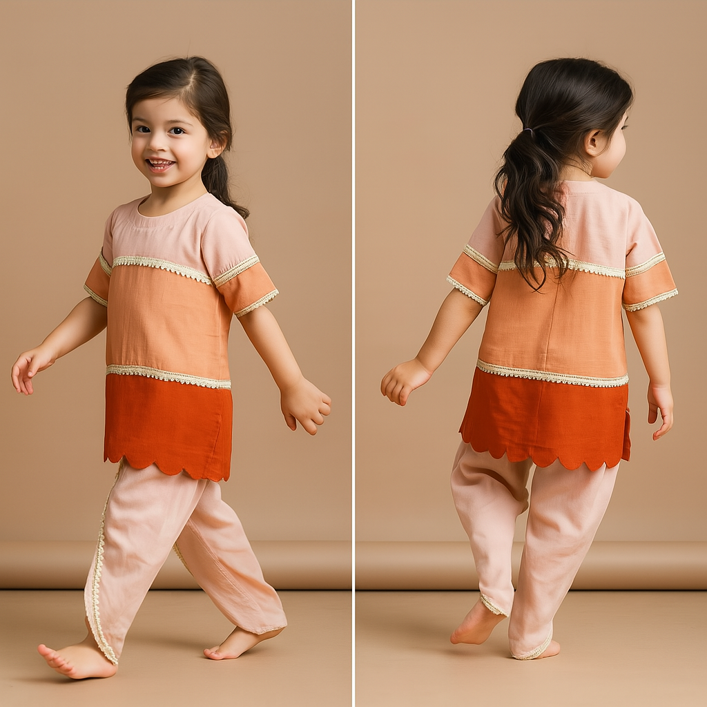 Pre Order: Colour Blocked Lace Work Kurti With Dhoti And Dupatta