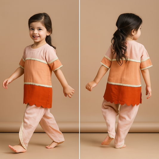 Pre Order: Colour Blocked Lace Work Kurti With Dhoti And Dupatta