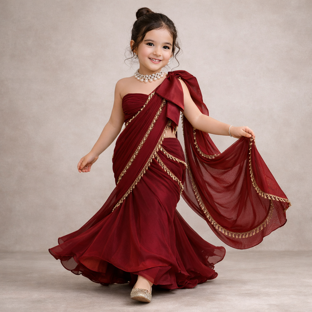 RTD Pre Order: Aqua Whisper Maroon Saree Set