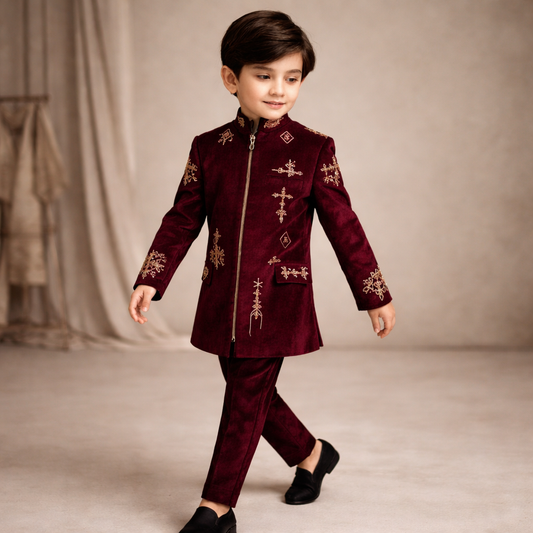 Pre Order: Maroon Majesty Embroidered Sherwani And Pant