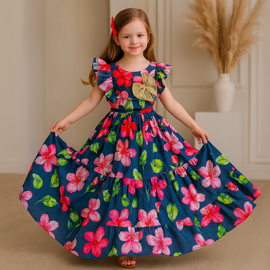 Pre Order : Adorable Bow Enhanced Floral Printed Navy Blue Top And Lehenga