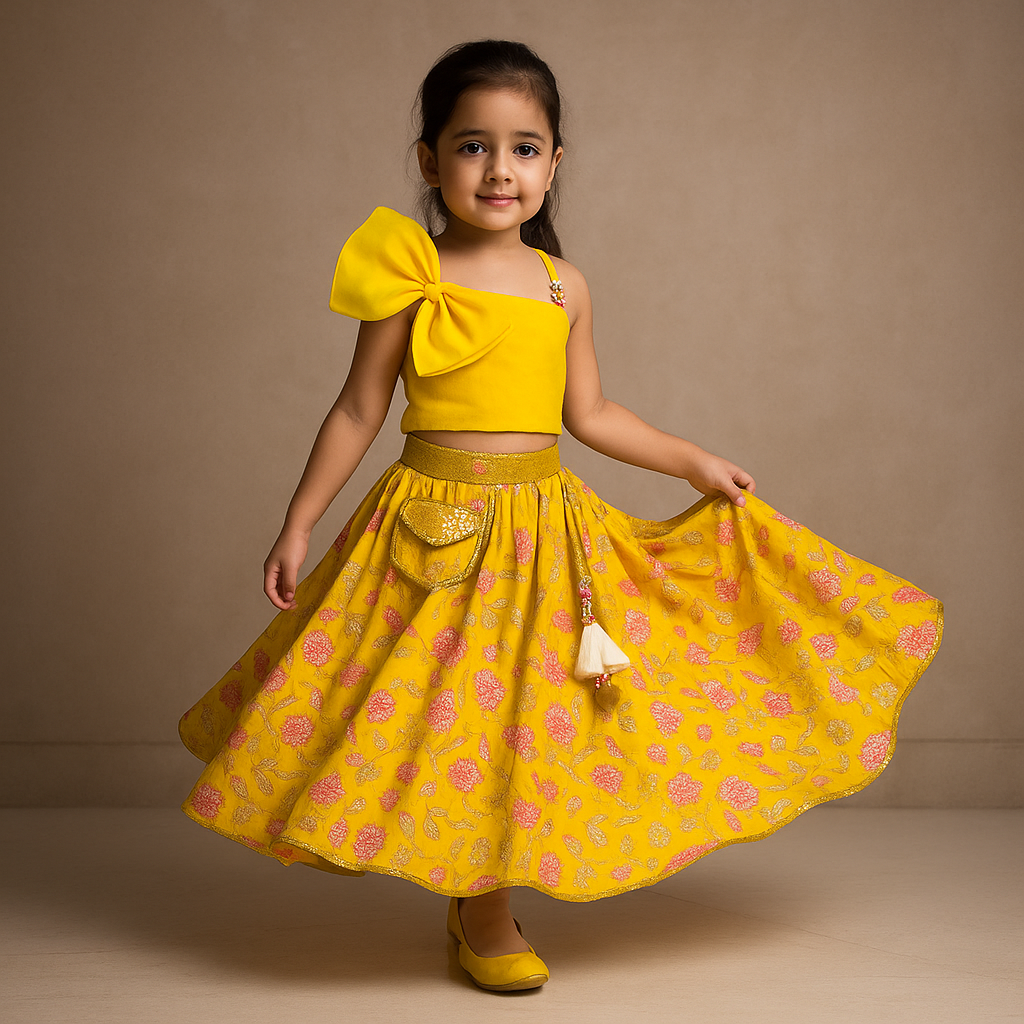 Pre Order: Big Bow Top And Yellow Printed Lehenga With Dupatta