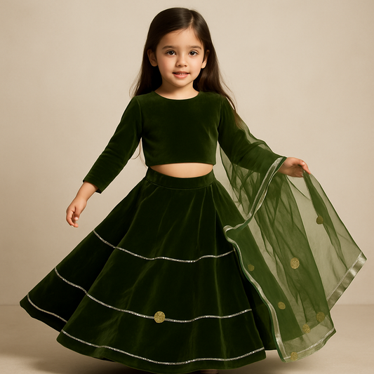 Pre Order: Mehndi Velvet Lehenga Set