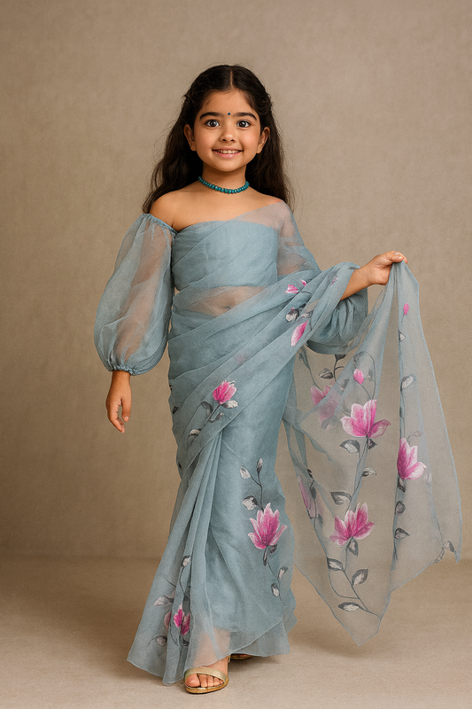 Pre Order: Grey Floral Printed Organza Saree