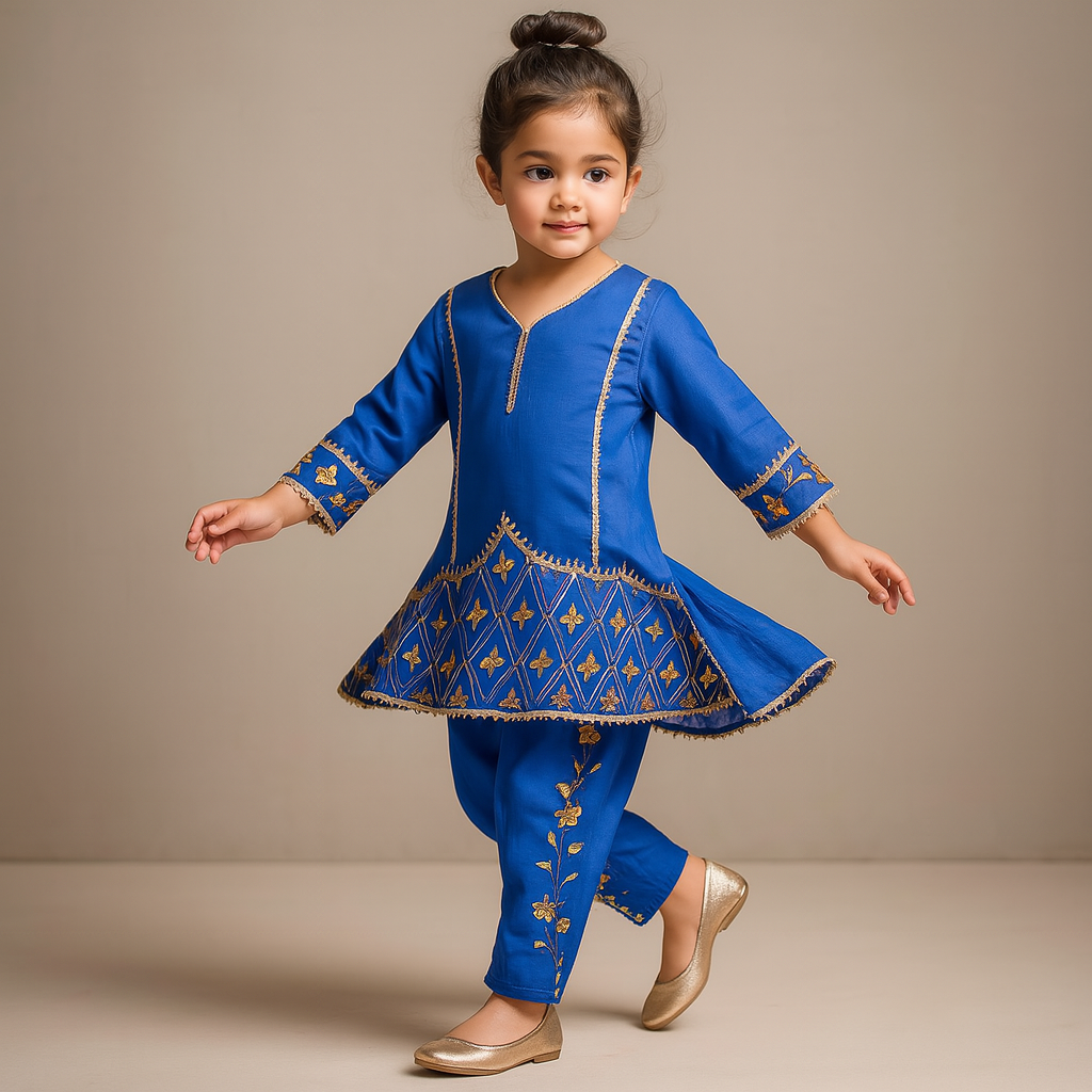 Pre Order: Blue Beautiful Gota Work Top And Dhoti Style Pant With Matching Dupatta