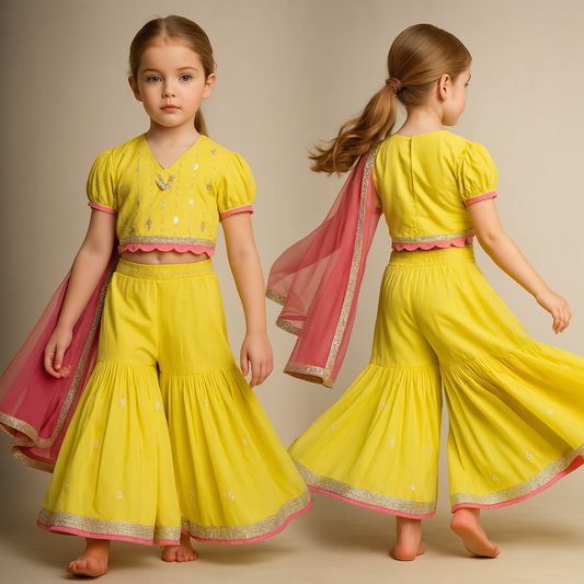 Pre Order: Embellished Yellow Top And Sharara With Net Dupatta