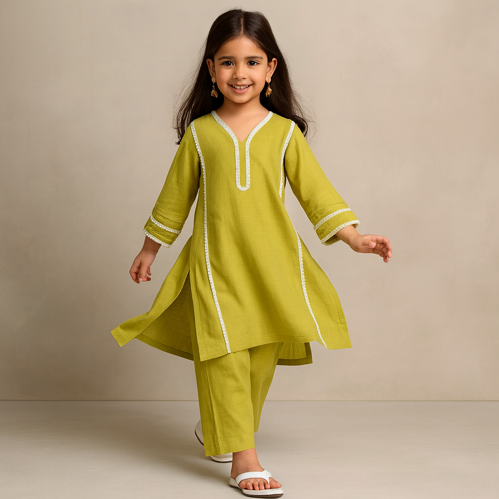 Pre Order: Green Kurta Lace Detailing Suit Set