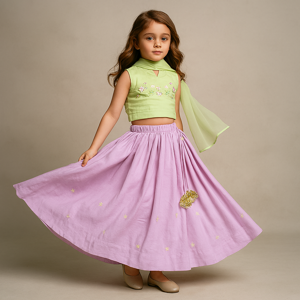 Pre Order: Green Embellished Top With Lehenga And Dupatta