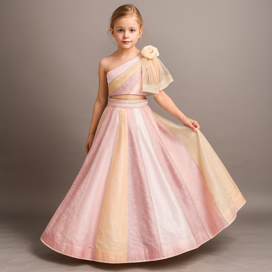 Pre Order: Colour Blocked Multicoloured Top With Lehenga And Dupatta