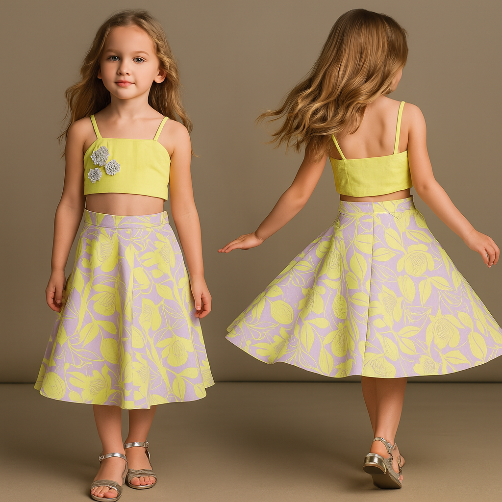 Pre Order: Dual Spaghetti Straps Hand Embroidered Top With Floral Printed Skirt