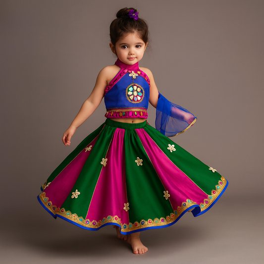Pre Order: Multicolour Embellished Mirror Work Top With Multicolour Lehenga And Dupatta