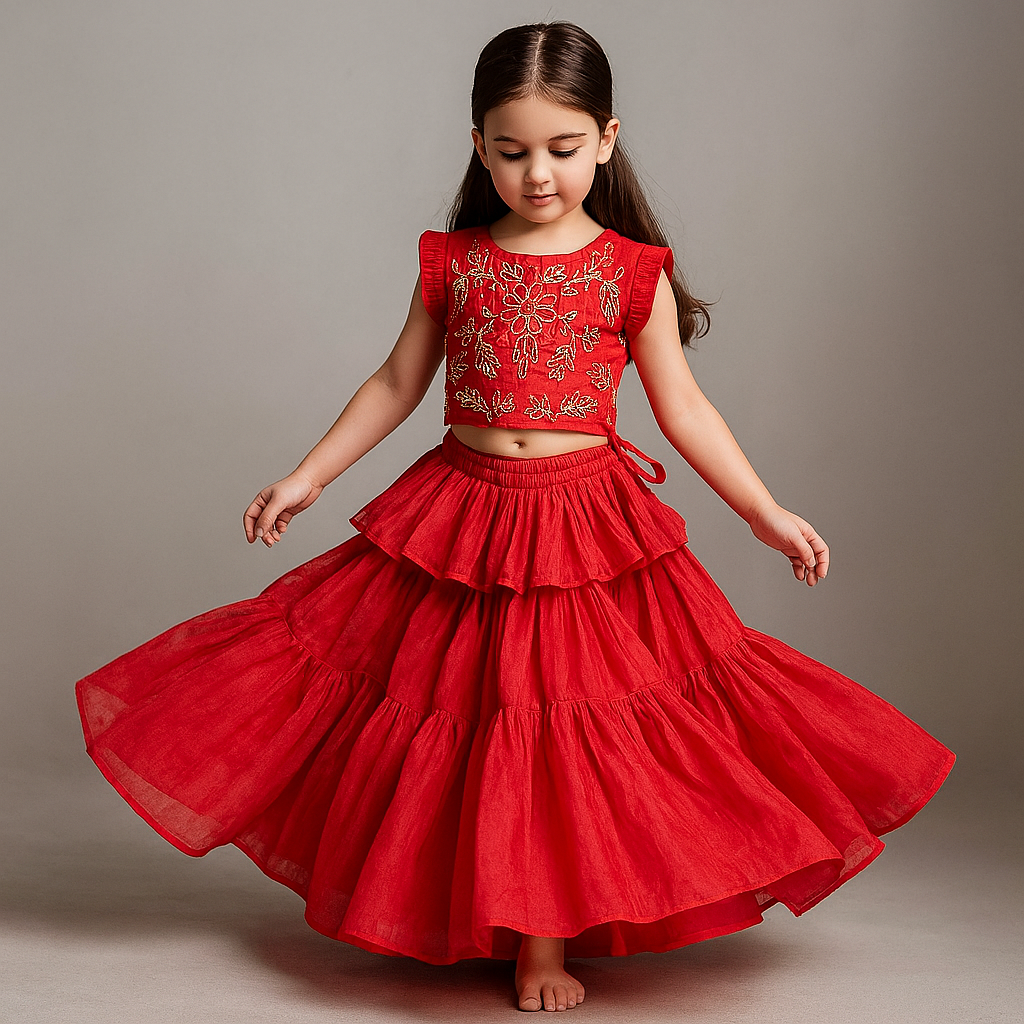 Pre Order: Charming Floral Cut Dana Embroidered Red Top And Multi Layered Ruffle Lehenga