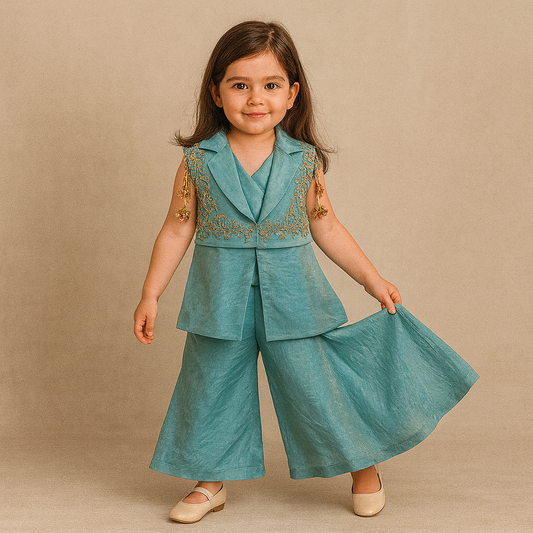 Pre Order: Notched Collar Jacket-Style Sheen Kurti And Palazzo