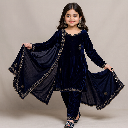 Pre Order: Royal Blue Velvet Embroidered Dupatta Suit Set