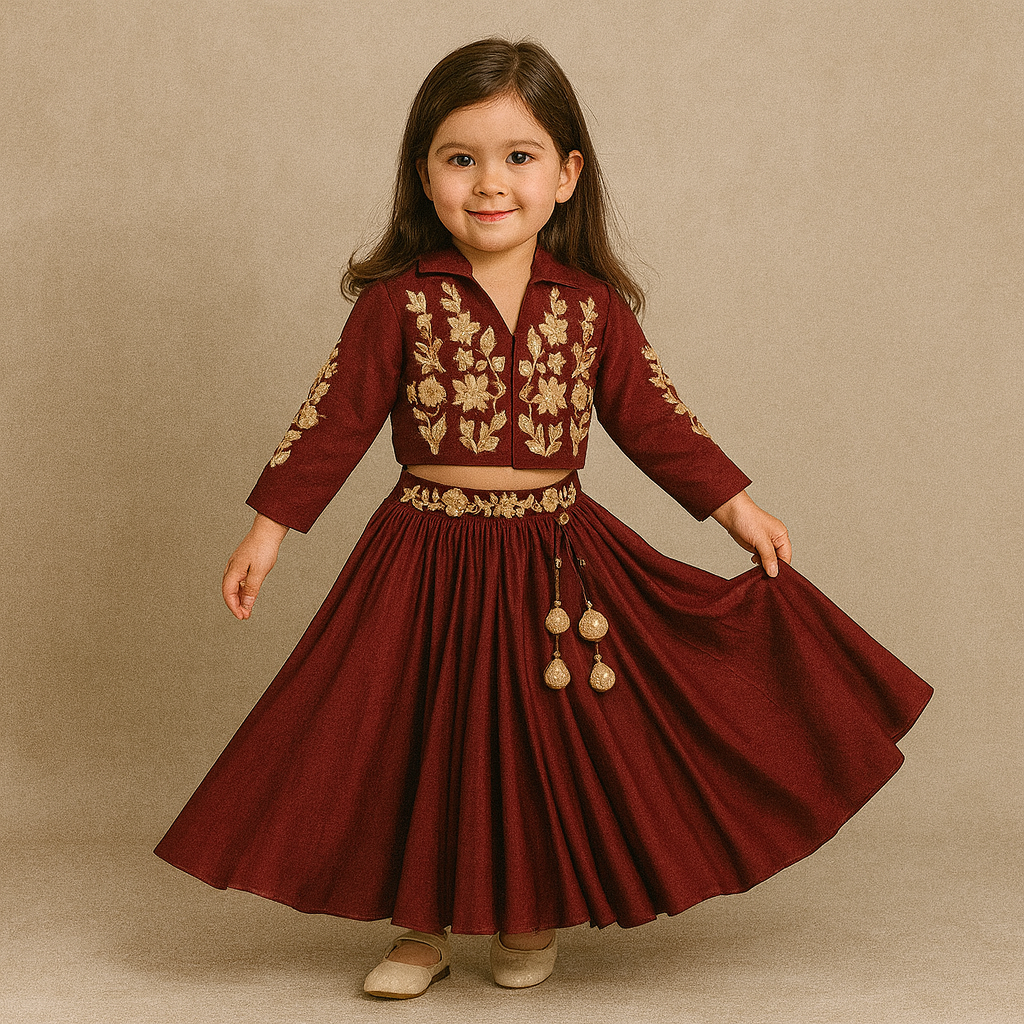 Pre Order: Zari Floral Embroidered Jacket-Style Top And Lehenga