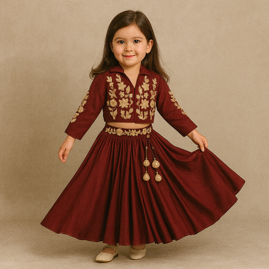 Pre Order: Zari Floral Embroidered Jacket-Style Top And Lehenga