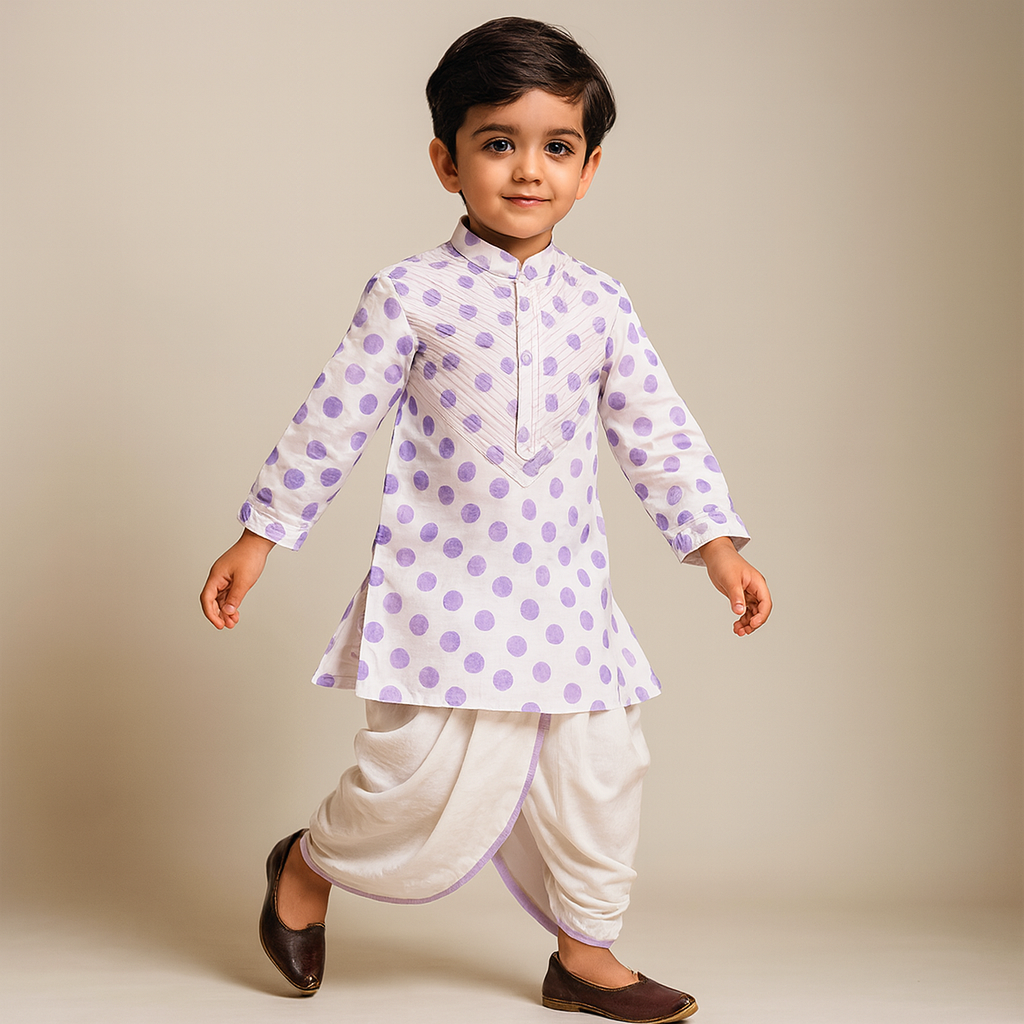 Pre Order: Thread Detailed Polka Dot Kurta With Dhoti